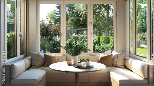 A contemporary breakfast nook with a round table, cushioned bench seating, large windows, and a garden view. © Sana
