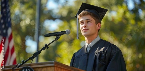 Graduate Student Speaking at Outdoor Ceremony With American Flag
