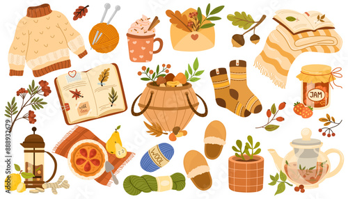 Hygge set, hand drawn vector, scandinavian doodle sketchy elements. Cozy comfortable lifestyle, winter and autumn mood. Flat vector illustration isolated on white background
