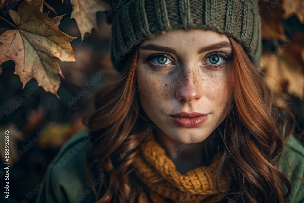 Autumn portrait. Close-up of a red-haired young woman with expressive green eyes in a knitted hat and sweater. Autumn portrait. Close-up of a red-haired young woman with expressive green eyes in a knitted hat and sweater.