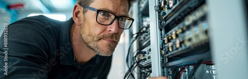 A Man Wearing Glasses Works On Server Racks In A Data Center