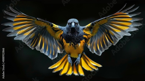 Black Headed Oriole Bird in Flight With Wings Spread Wide Against a Black Bac...