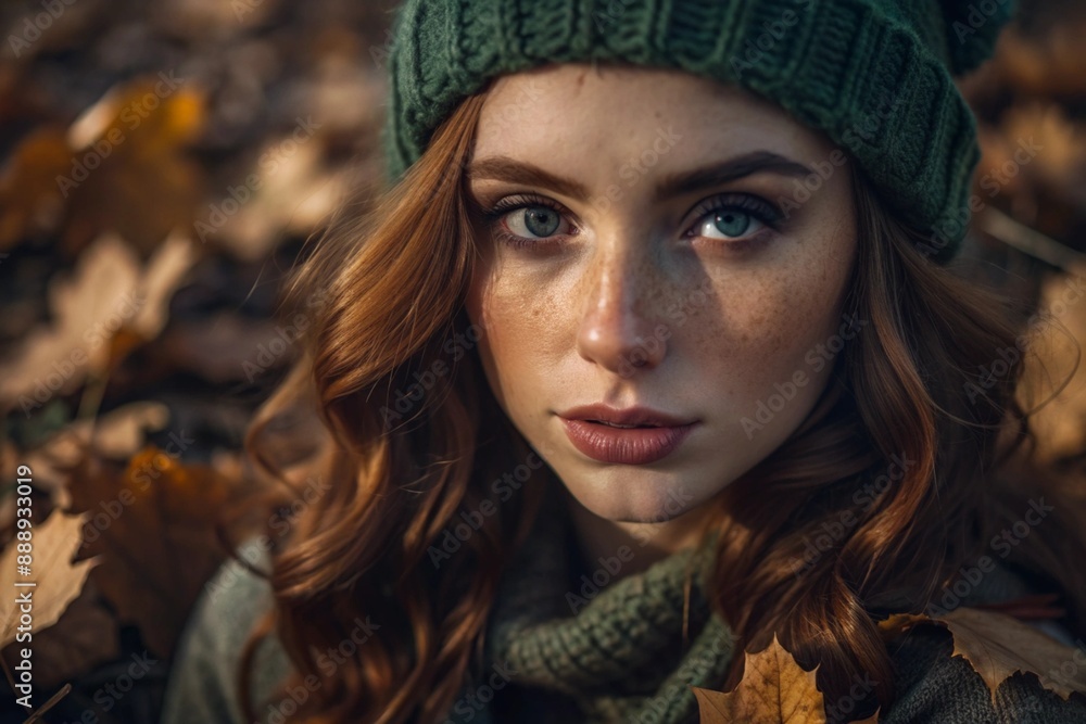 Autumn portrait. Close-up of a red-haired young woman with expressive green eyes in a knitted hat and sweater. Autumn portrait. Close-up of a red-haired young woman with expressive green eyes in a knitted hat and sweater.