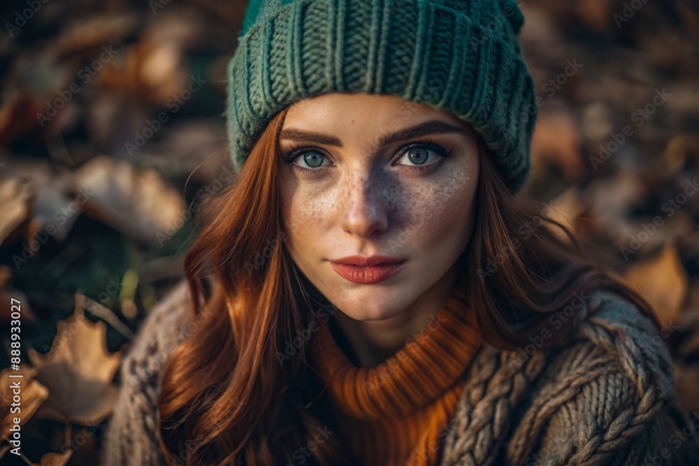 Autumn portrait. Close-up of a red-haired young woman with expressive green eyes in a knitted hat and sweater. Autumn portrait. Close-up of a red-haired young woman with expressive green eyes in a knitted hat and sweater.