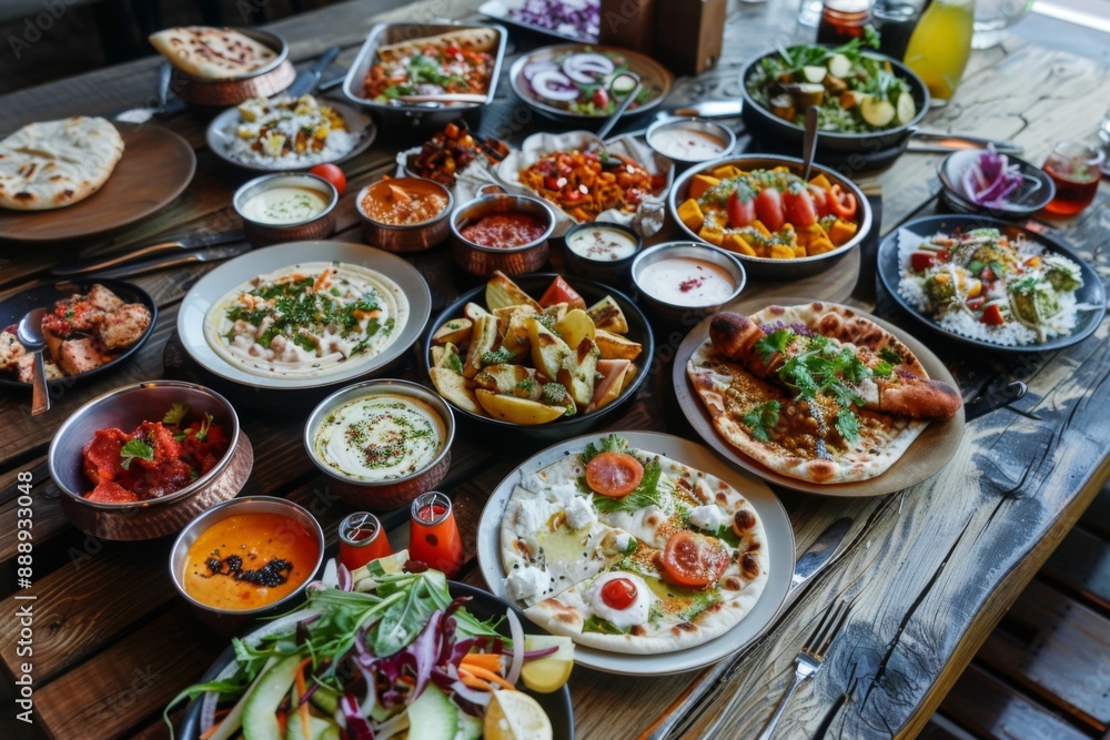 International cuisine sampler with dishes from around the world, beautifully arranged on a large wooden table International cuisine sampler with dishes from around the world, beautifully arranged on a large wooden table