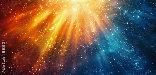 Bright Golden Light Rays Emanating From Center of Blue and Orange Starry Sky