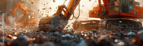 Excavator Digging in Dirt and Gravel During Construction