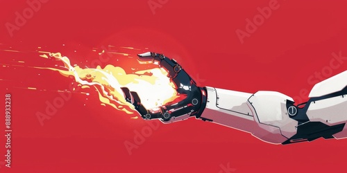 Robotic Hand With Sparks and Flames Against Red Background