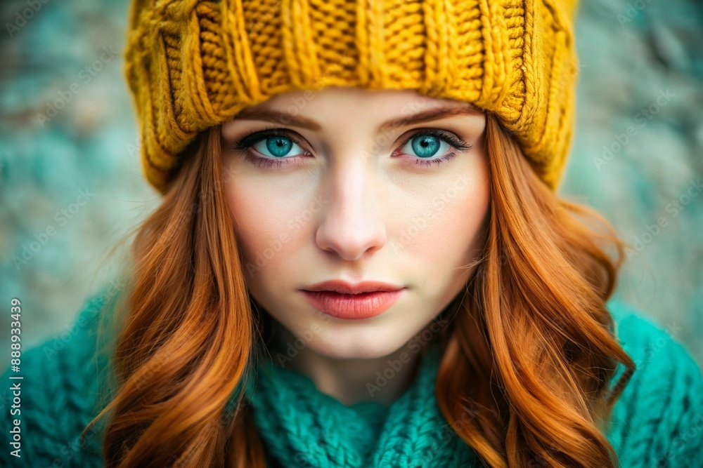 Autumn portrait. Close-up of a red-haired young woman with expressive green eyes in a knitted hat and sweater. Autumn portrait. Close-up of a red-haired young woman with expressive green eyes in a knitted hat and sweater.