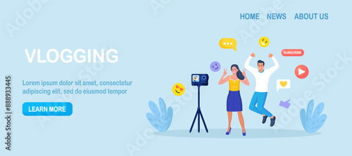 Blogger people make video blog content, channel in social media. Man and woman in front of phone camera recording video to share it in internet. Live streaming, broadcast. Online conferencing