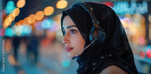 Young Woman Wearing Hijab With Headphones in Urban Night Setting