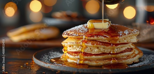 Golden Brown Pancakes Drizzled With Syrup and a Pat of Butter on a Rustic Table