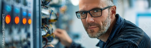 A Man Wearing Glasses Works On Server Racks In A Data Center