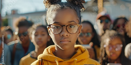 Young Girl Wearing Glasses Looking Directly At Camera Surrounded By People In...