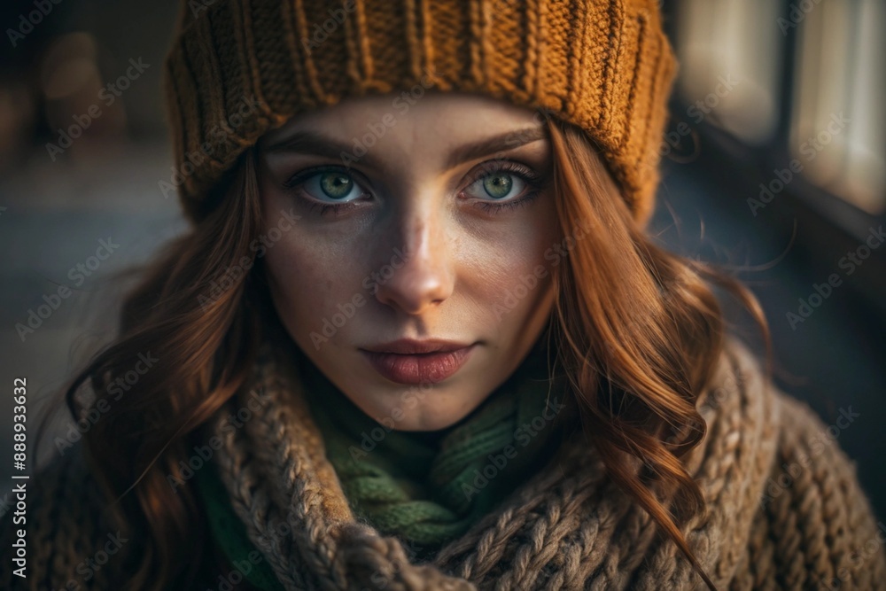 Autumn portrait. Close-up of a red-haired young woman with expressive green eyes in a knitted hat and sweater. Autumn portrait. Close-up of a red-haired young woman with expressive green eyes in a knitted hat and sweater.