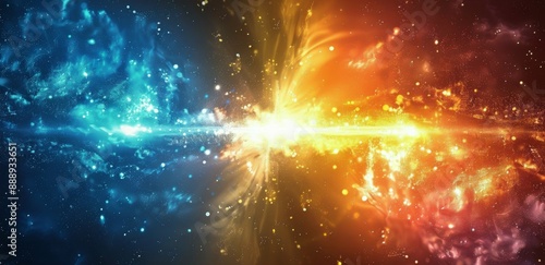 Bright Golden Light Rays Emanating From Center of Blue and Orange Starry Sky