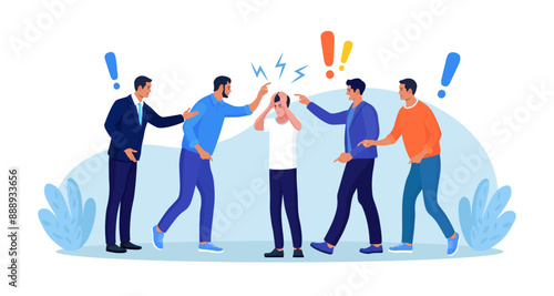 Group of violent people bullying and accusing coworker. Employees point fingers and laugh. Toxic work, abuse, bullying colleagues. Exhausted depressed employee. Angry furious characters yelling at man
