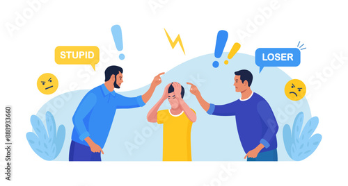 Abuse or bullying colleague. People blaming at depressed businessman. Employees point fingers and laugh at frustrated man. Emotional stress on work. Quarrel or work conflict between colleagues