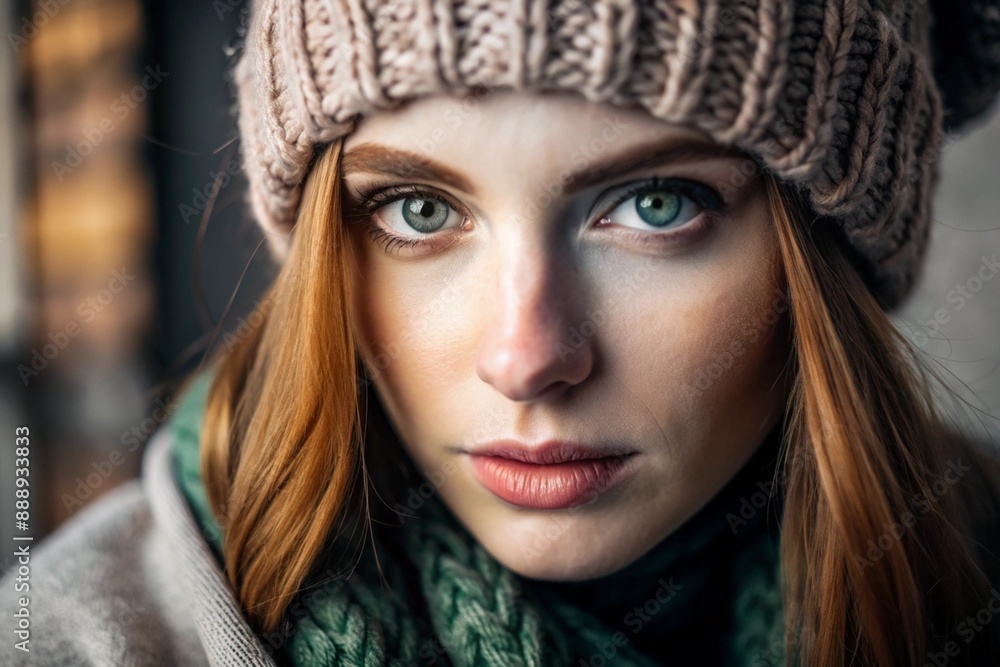 Autumn portrait. Close-up of a red-haired young woman with expressive green eyes in a knitted hat and sweater. Autumn portrait. Close-up of a red-haired young woman with expressive green eyes in a knitted hat and sweater.