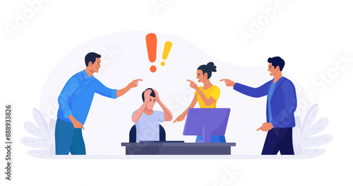 Abuse or bullying colleague. People blaming at depressed businessman. Worker sitting at desk with computer and documents hiding head. Employees point fingers and laugh. Emotional stress on work