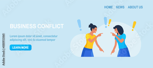 Business conflict, rivalry among colleagues. Two women arguing and fighting. Colleagues debating or misunderstanding. People quarrel and swear. Aggressive characters yell at each other