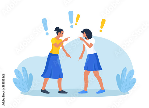 Business conflict, rivalry among colleagues. Two women arguing and fighting. Colleagues debating or misunderstanding. People quarrel and swear. Aggressive characters yell at each other
