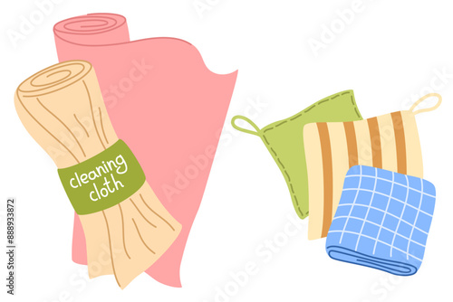 Cleaning cloth, towel. Domestic fabric, eco-friendly rag, textile duster, clean supplies. Zero-waste reusable household accessories. Flat vector illustration isolated on white background