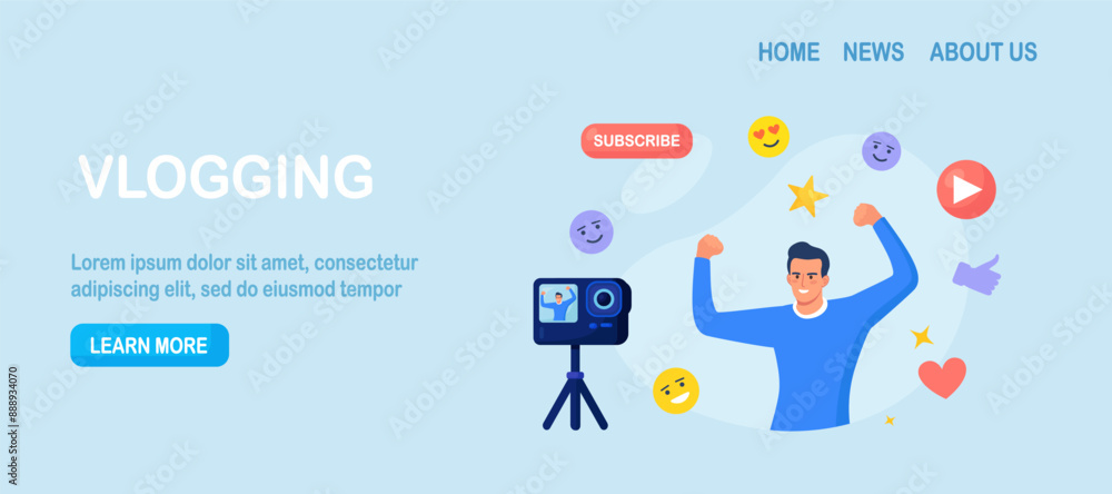 Social media post, blogging. Influencer, blogger make video blog content. Character in front of camera recording video to share it in internet. Live streaming, broadcast. Selfie creative idea Social media post, blogging. Influencer, blogger make video blog content. Character in front of camera recording video to share it in internet. Live streaming, broadcast. Selfie creative idea