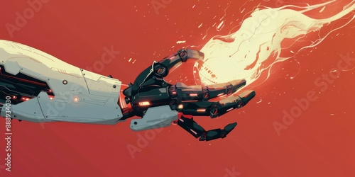 Robotic Hand With Sparks and Flames Against Red Background
