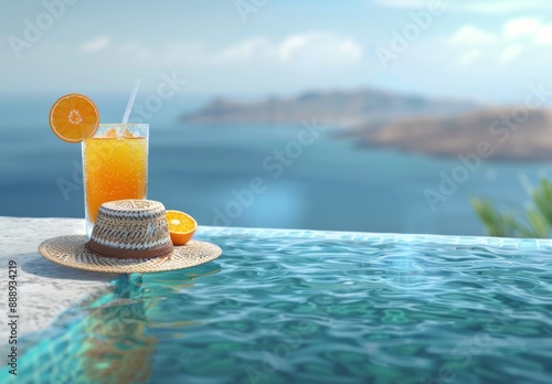 Straw Hat, Orange Juice, and Summer Day by the Pool