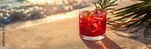 Refreshing Summer Cocktail on a Sandy Beach at Sunset