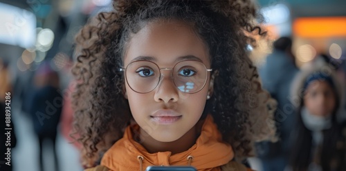 Young Girl Wearing Glasses Looking Directly At Camera Surrounded By People In...