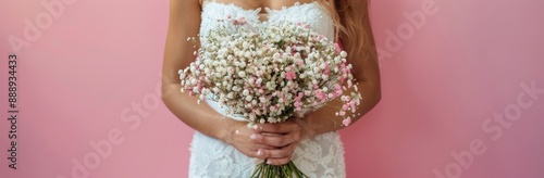 Bride Holding White Babys Breath Bouquet Against Pink Wall