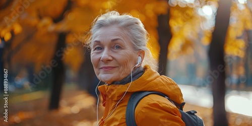 Smiling Senior Woman Walking in Fall Park With Headphones