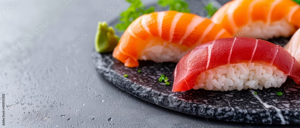  A tight shot of sushi on a plate, surrounded by garnishes on the side