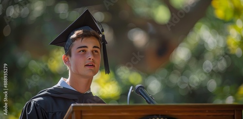 Graduate Student Speaking at Outdoor Ceremony With American Flag