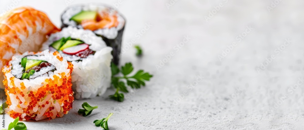 Close-up of sushi on white surface, garnished with parsley Close-up of sushi on white surface, garnished with parsley