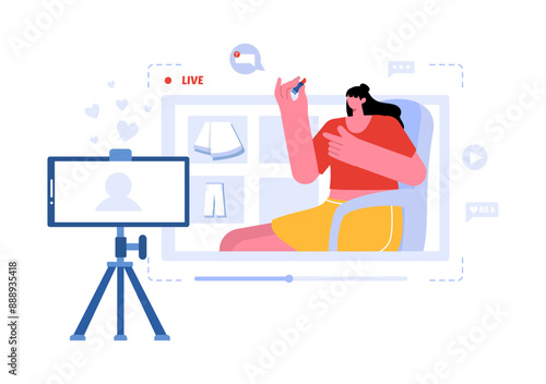 Vector Illustration for a Fashion Blog with Bloggers Reviewing Videos of Fashionable Clothing Trends, Featuring an Online Runway in a Flat Background