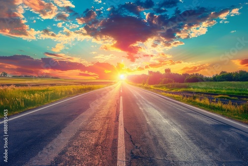 Sunrise Road, Summer Sunny Highway, Journey Landscape, Way to Sunlight Horizon, Copy Space