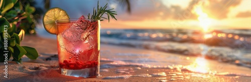 Refreshing Cocktail on a Sandy Beach at Sunset
