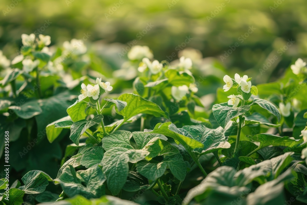 Close-up of potato plants with white blossoms, highlighting the lush green leaves and delicate flowers under soft sunlight Close-up of potato plants with white blossoms, highlighting the lush green leaves and delicate flowers under soft sunlight