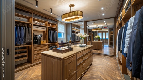 A glamorous walk-in closet with custom cabinetry, a central island, full-length mirrors, and elegant lighting. © Sana