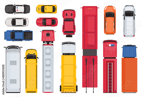 Wallpaper Mural Top view of public transport. City vehicles. Taxi cab. Firefighter truck. School bus. Passenger trolleybus. Automobiles moving around streets. Urban transportation. Vector modern auto set Torontodigital.ca
