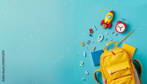 Back to school banner with copy space. School bag with supplies for school. 