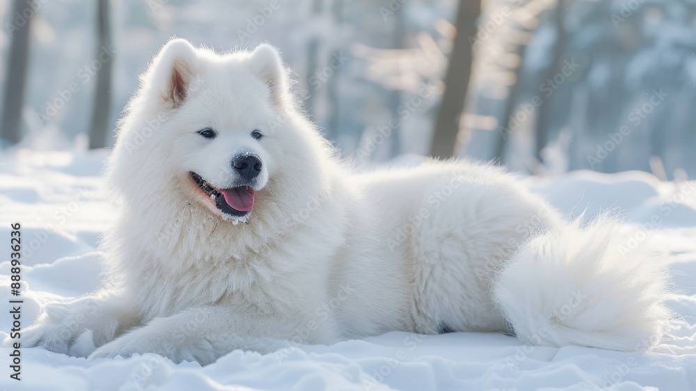 Fototapeta premium Samoyed: With their fluffy white coats and friendly demeanor. Samoyeds are recognized for their smile-like expressions, which highlight their warm and charming personalities. 