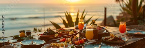 A lavish brunch spread with gourmet dishes and refreshing drinks is enjoyed on a beachside terrace as the sun rises over the ocean