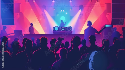 Wallpaper Mural An energetic nightclub scene with a DJ, colorful laser beams, and dancing people, minimalist design. Torontodigital.ca