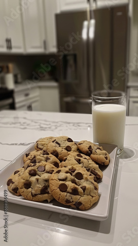 A tray of freshly baked chocolate chip cookies wit 26 3 baking, baking cup, brown, cabinetry, cake, color, countertop, cuisine, cup, cupcake, dessert, food, furniture, high-key, kitchen & dining room 