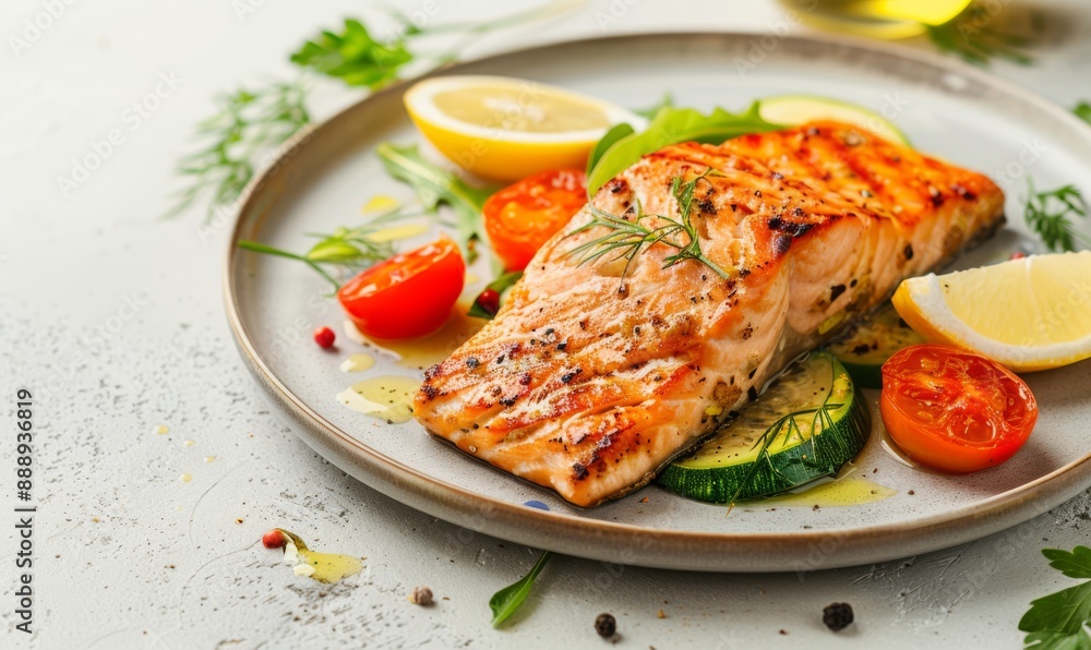 Grilled fish salmon and vegetables on a plate on light rustic background Grilled fish salmon and vegetables on a plate on light rustic background