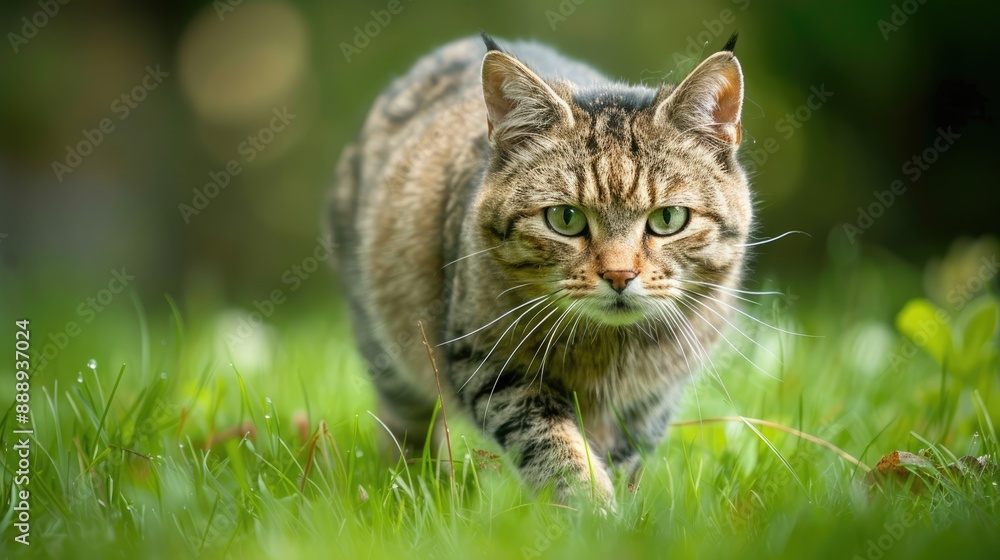 Tabby Cat Stalking Through Green Grass Tabby Cat Stalking Through Green Grass